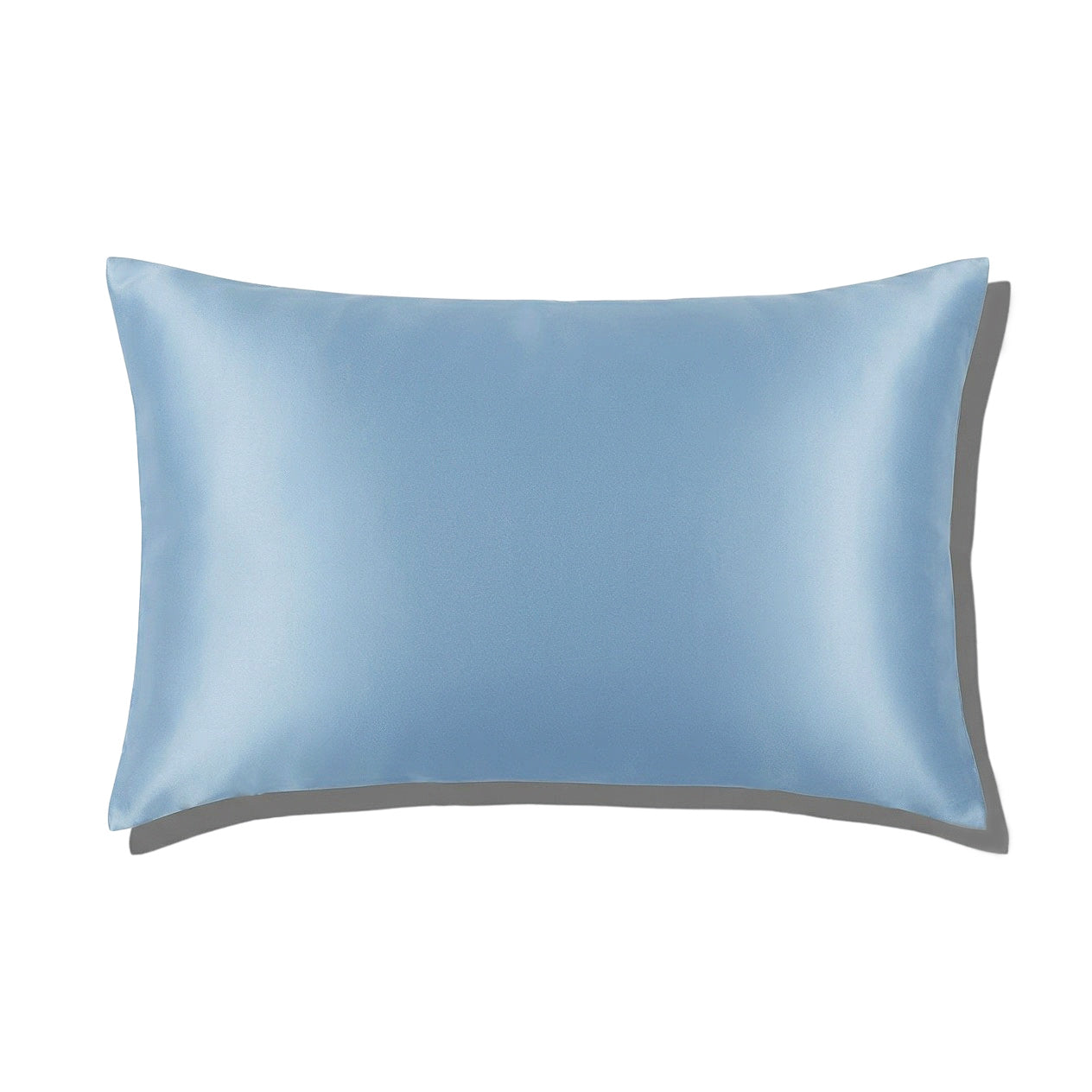 Close-up shot of ohmysilk Silver Blue 22 momme mulberry silk pillowcase with a secure envelope closure, showing natural silk texture and soft wrinkles.