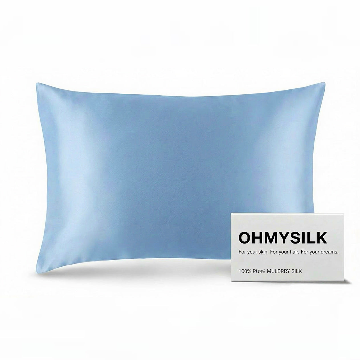 Close-up shot of ohmysilk Silver Blue 22 momme mulberry silk pillowcase with a secure envelope closure, showing natural silk texture and soft wrinkles.